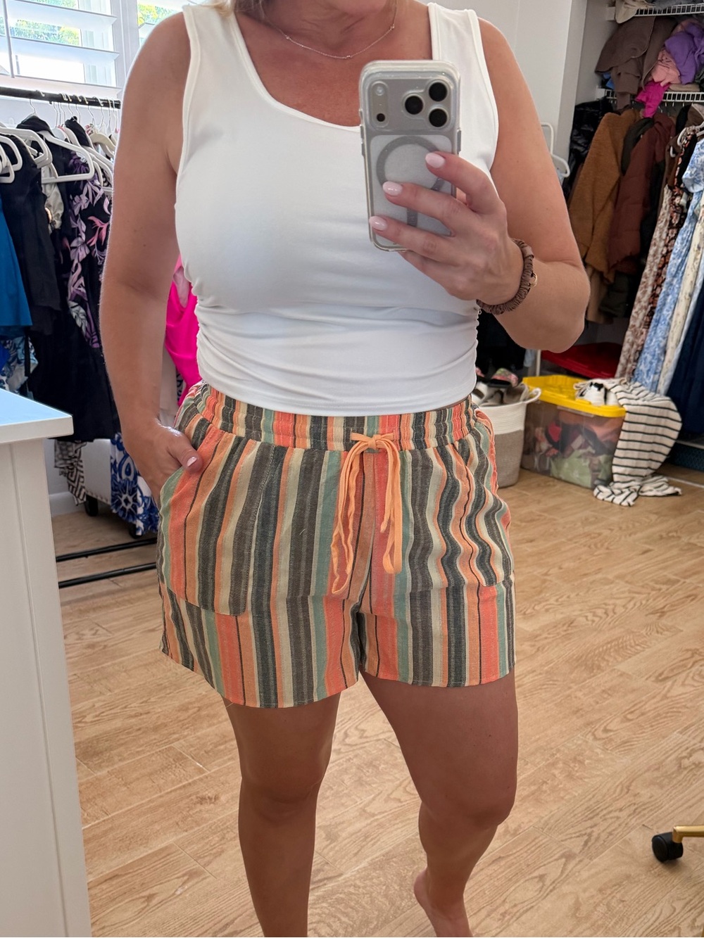 SHEIN Cream, Orange & Green Striped Drawstring Shorts